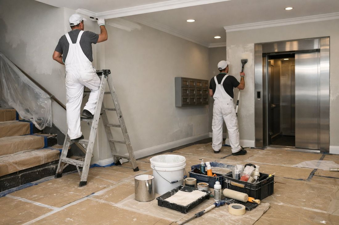 Pintores profesionales pintando portal de comunidad de vecinos en Tarragona