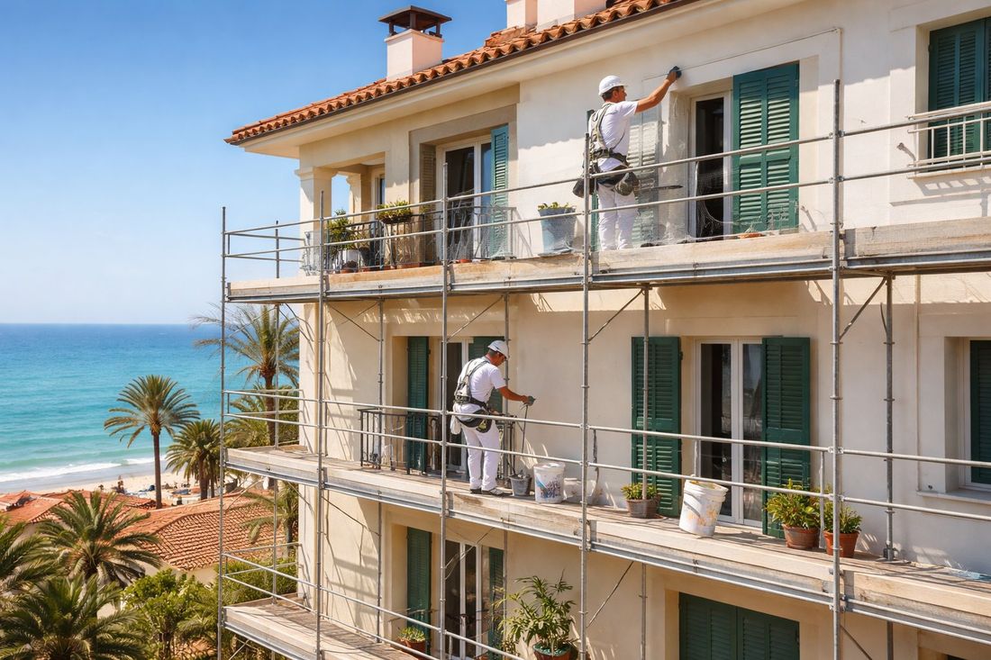 Pintores profesionales pintando fachada de edificio con andamio en Tarragona