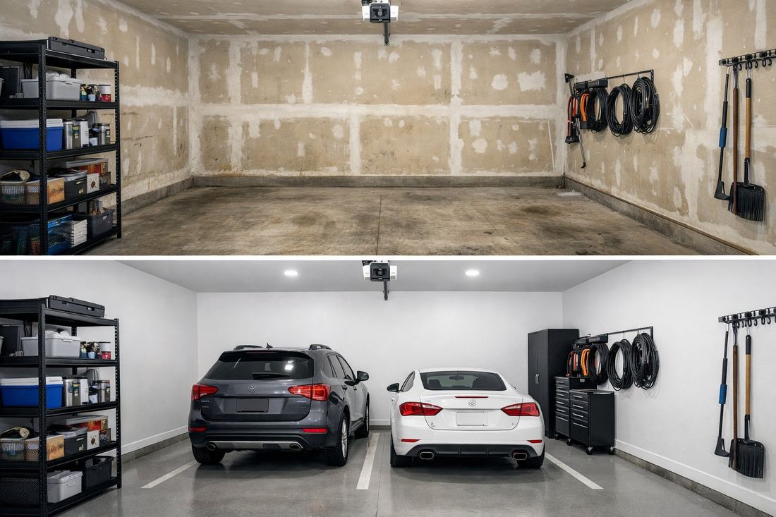 Garaje antes y después de pintar con pintura epoxi en Tarragona