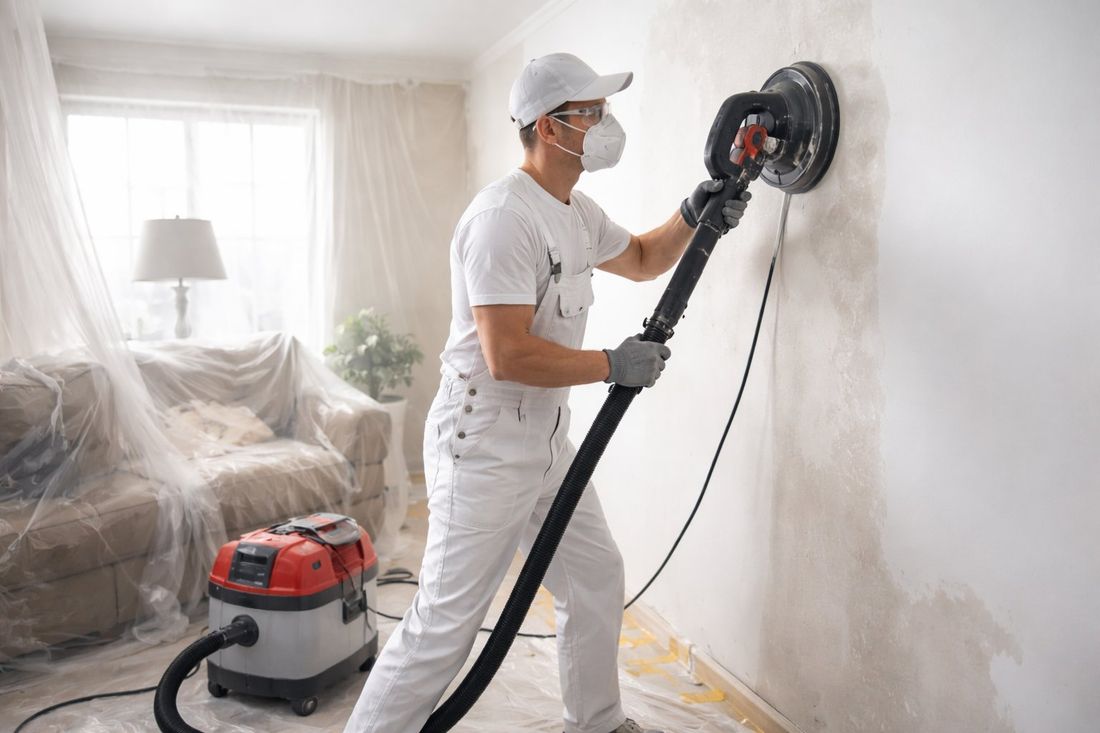 Pintor profesional lijando gotelé con lijadora eléctrica en vivienda de Tarragona