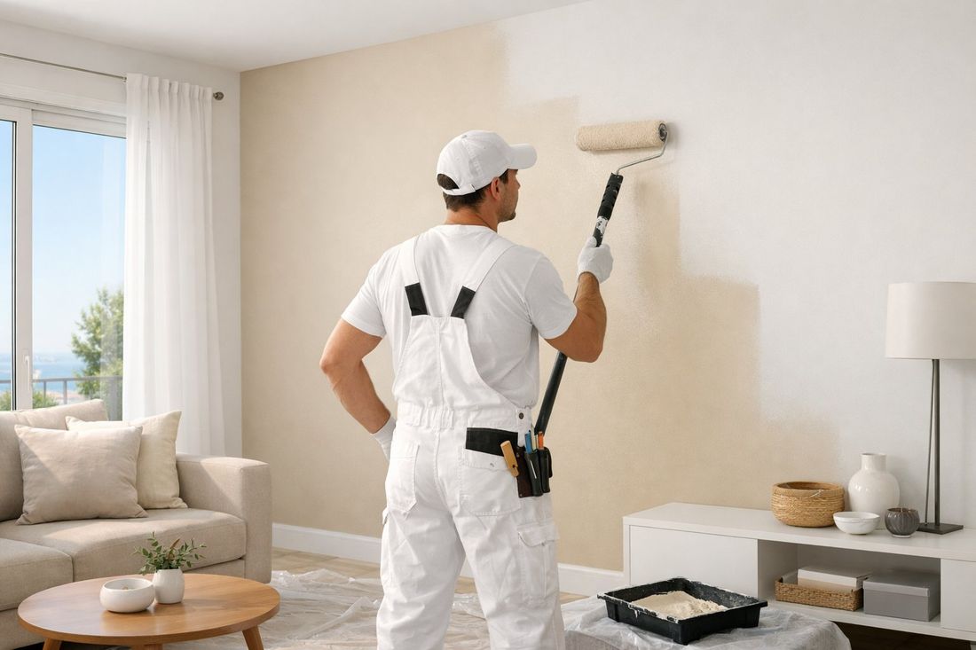 Pintor profesional aplicando pintura con rodillo en un salón de Tarragona