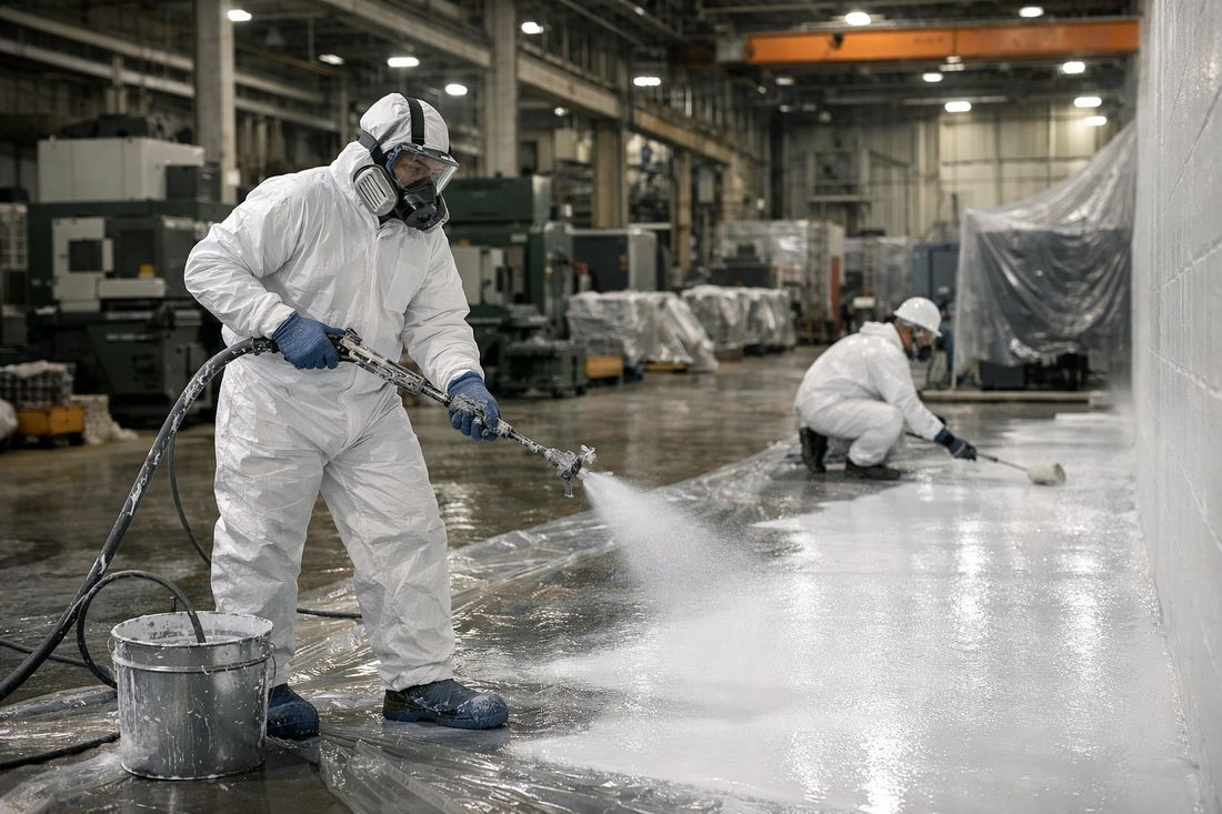 Equipo de pintores aplicando pintura industrial con pistola airless en nave de Tarragona