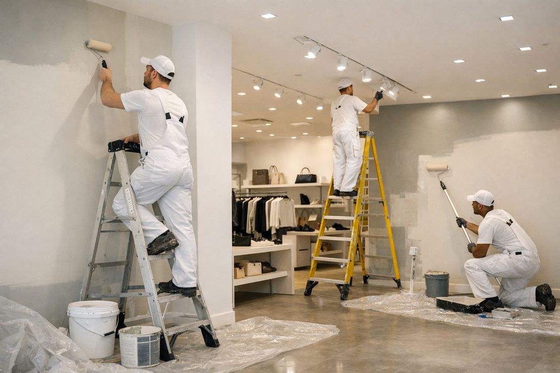 Equipo de pintores pintando local comercial en Tarragona