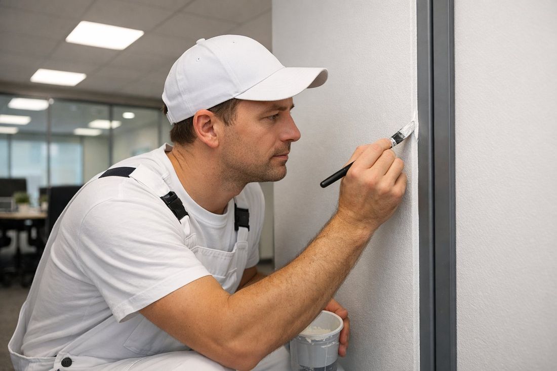 Pintor profesional pintando paredes de oficina en Tarragona