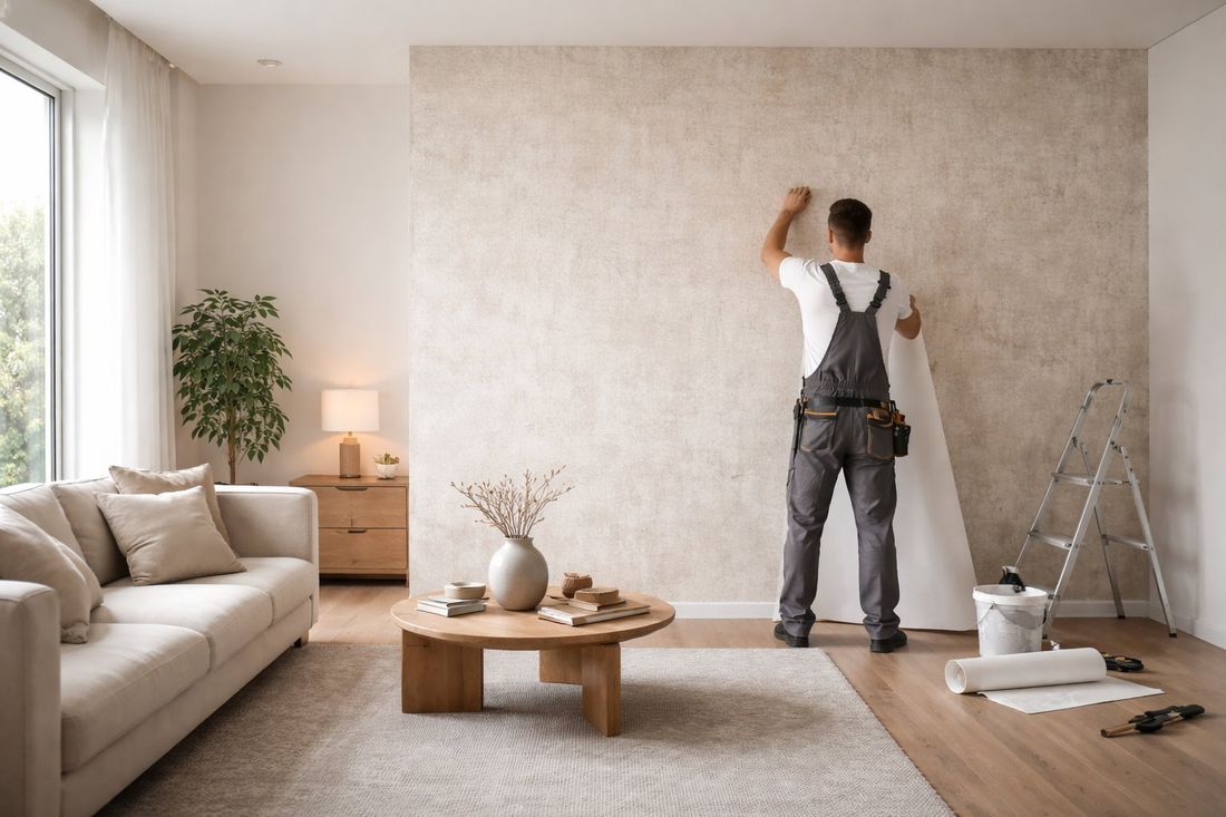 Profesional instalando papel pintado decorativo en salón de Tarragona