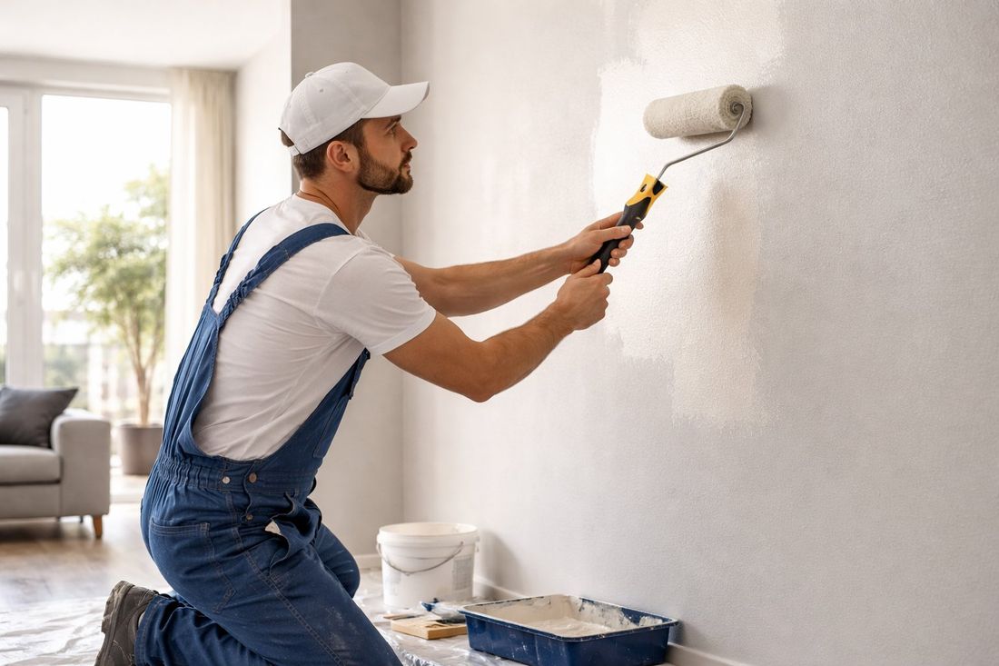 Pintor pintando pared interior de un piso en Tarragona con rodillo