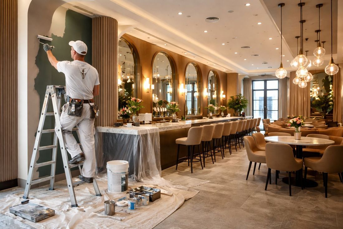 Pintor profesional pintando pared de restaurante elegante en Tarragona