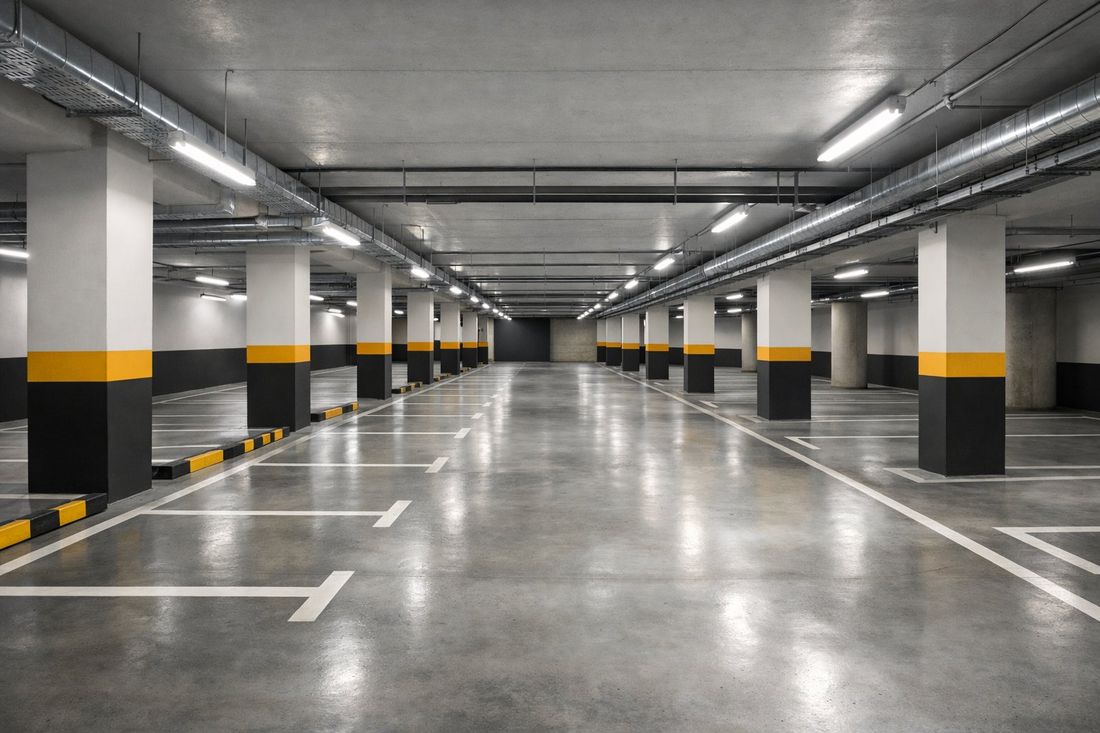 Parking comunitario pintado con señalización y suelo epoxi en Tarragona