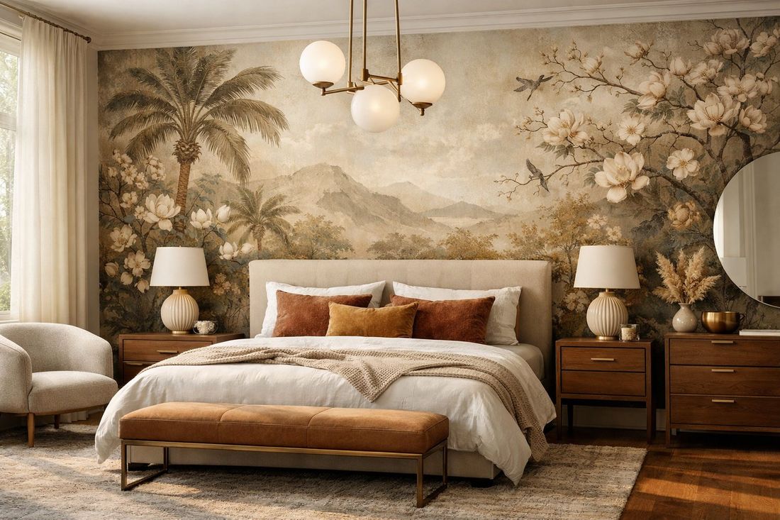 Dormitorio con mural de papel pintado decorativo instalado en Tarragona